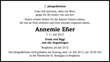 Anzeige von Annemie EÃŸer von Kölner Stadt-Anzeiger / Kölnische Rundschau / Express