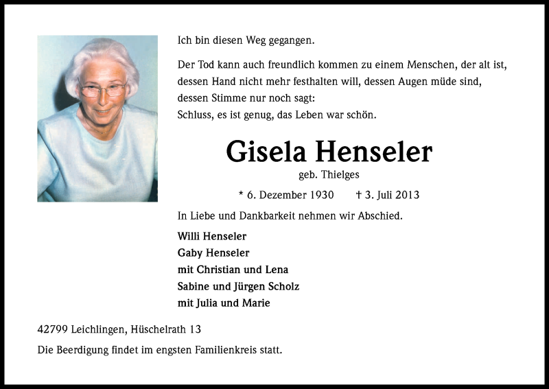  Traueranzeige für Gisela Henseler vom 10.07.2013 aus Kölner Stadt-Anzeiger / Kölnische Rundschau / Express