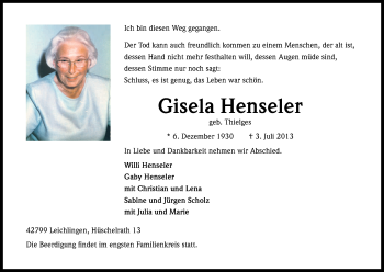Anzeige von Gisela Henseler von Kölner Stadt-Anzeiger / Kölnische Rundschau / Express