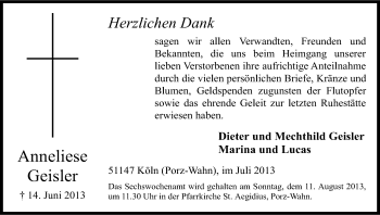 Anzeige von Anneliese Geisler von Kölner Stadt-Anzeiger / Kölnische Rundschau / Express