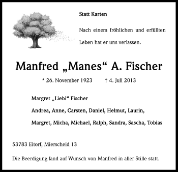 Anzeige von Manfred Fischer von Kölner Stadt-Anzeiger / Kölnische Rundschau / Express