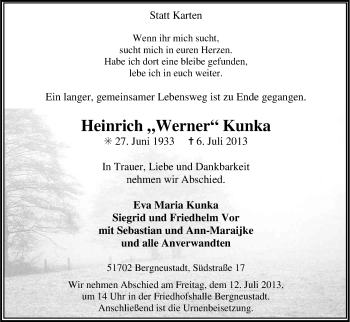 Anzeige von Heinrich Werner Kunka von Kölner Stadt-Anzeiger / Kölnische Rundschau / Express