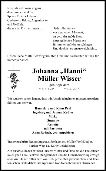 Anzeige von Johanna Müller Wisser von Kölner Stadt-Anzeiger / Kölnische Rundschau / Express