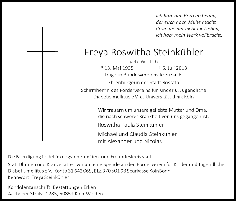  Traueranzeige für Freya Roswitha Steinkühler vom 13.07.2013 aus Kölner Stadt-Anzeiger / Kölnische Rundschau / Express
