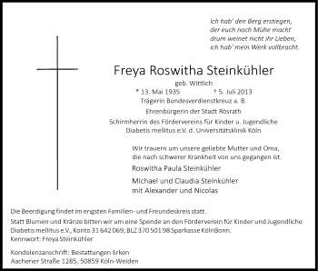 Anzeige von Freya Roswitha Steinkühler von Kölner Stadt-Anzeiger / Kölnische Rundschau / Express