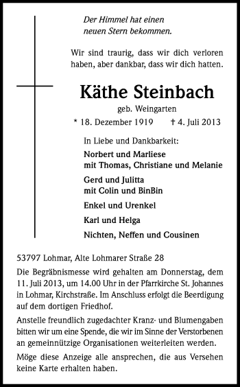 Anzeige von Käthe Steinbach von Kölner Stadt-Anzeiger / Kölnische Rundschau / Express