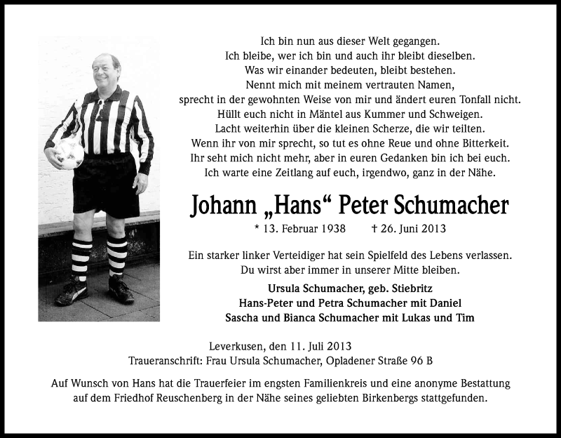  Traueranzeige für Johann Peter Schumacher vom 11.07.2013 aus Kölner Stadt-Anzeiger / Kölnische Rundschau / Express