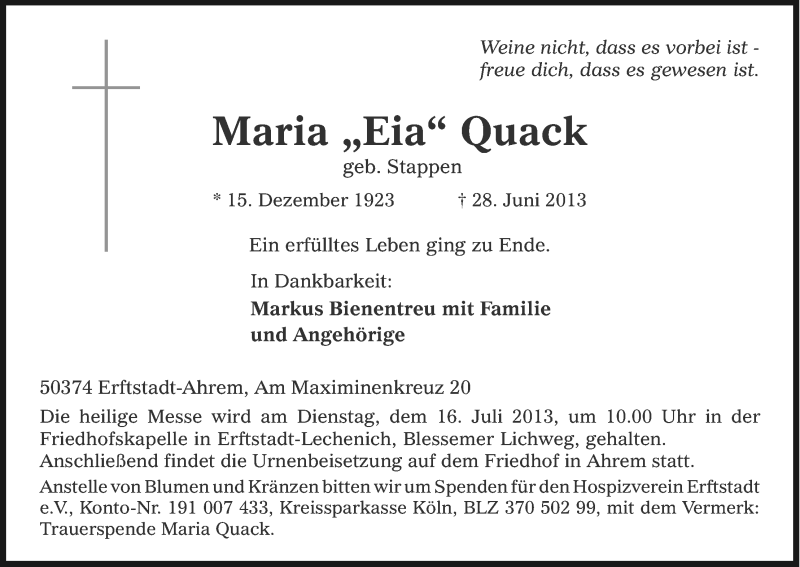  Traueranzeige für Maria Quack vom 10.07.2013 aus Kölner Stadt-Anzeiger / Kölnische Rundschau / Express
