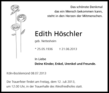 Anzeige von Edith Höschler von Kölner Stadt-Anzeiger / Kölnische Rundschau / Express