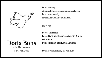 Anzeige von Doris Bons von Kölner Stadt-Anzeiger / Kölnische Rundschau / Express