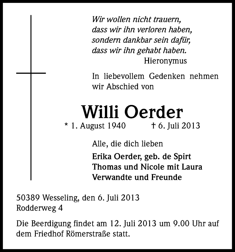  Traueranzeige für Willi Oerder vom 09.07.2013 aus Kölner Stadt-Anzeiger / Kölnische Rundschau / Express
