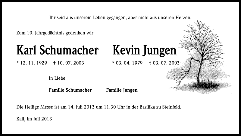  Traueranzeige für Gedenken  vom 13.07.2013 aus Kölner Stadt-Anzeiger / Kölnische Rundschau / Express