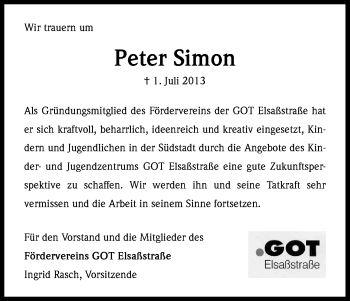 Anzeige von Peter Simon von Kölner Stadt-Anzeiger / Kölnische Rundschau / Express