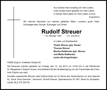 Anzeige von Rudolf Streuer von Kölner Stadt-Anzeiger / Kölnische Rundschau / Express