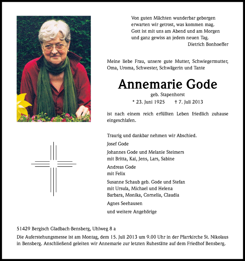  Traueranzeige für Annemarie Gode vom 11.07.2013 aus Kölner Stadt-Anzeiger / Kölnische Rundschau / Express