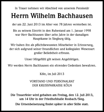 Anzeige von Wilhelm Bachhausen von Kölner Stadt-Anzeiger / Kölnische Rundschau / Express