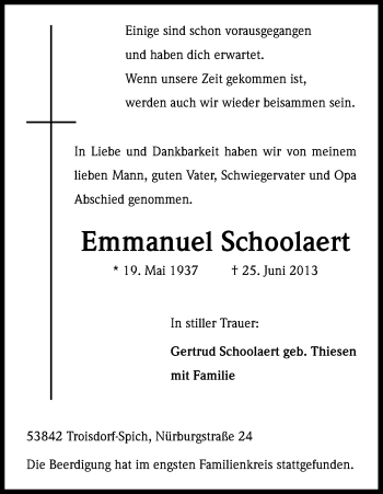 Anzeige von Emmanuel Schoolaert von Kölner Stadt-Anzeiger / Kölnische Rundschau / Express