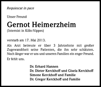 Anzeige von Gernot Heimerzheim von Kölner Stadt-Anzeiger / Kölnische Rundschau / Express