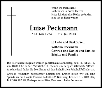 Anzeige von Luise Peckmann von Kölner Stadt-Anzeiger / Kölnische Rundschau / Express
