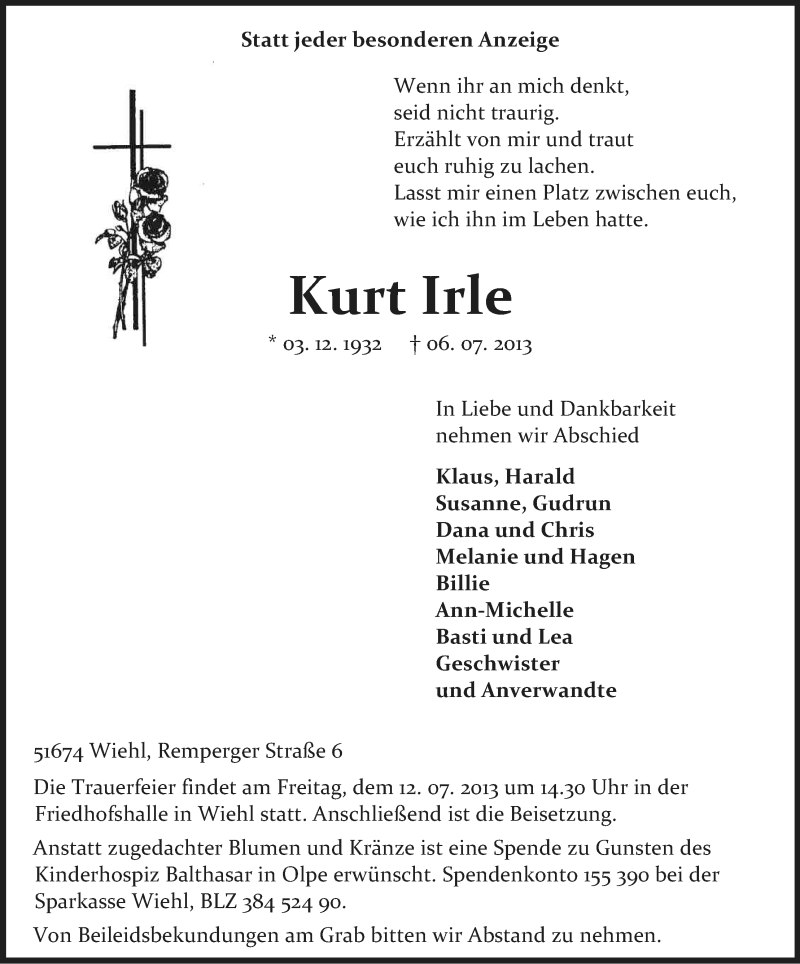 Traueranzeige für Kurt Irle vom 09.07.2013 aus Kölner Stadt-Anzeiger / Kölnische Rundschau / Express