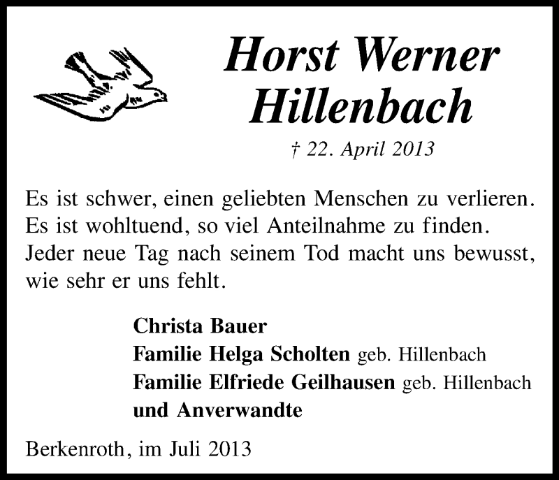  Traueranzeige für Horst Werner Hillenbach vom 09.07.2013 aus Kölner Stadt-Anzeiger / Kölnische Rundschau / Express