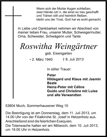 Anzeige von Roswitha Weingärtner von Kölner Stadt-Anzeiger / Kölnische Rundschau / Express