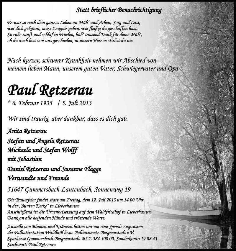  Traueranzeige für Paul Retzerau vom 10.07.2013 aus Kölner Stadt-Anzeiger / Kölnische Rundschau / Express