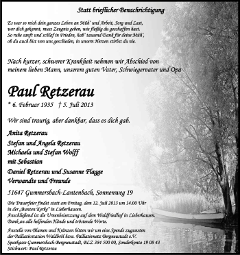 Anzeige von Paul Retzerau von Kölner Stadt-Anzeiger / Kölnische Rundschau / Express