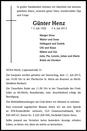 Anzeige von Günter Henz von Kölner Stadt-Anzeiger / Kölnische Rundschau / Express