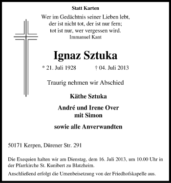 Anzeige von Ignaz Stzuka von Kölner Stadt-Anzeiger / Kölnische Rundschau / Express
