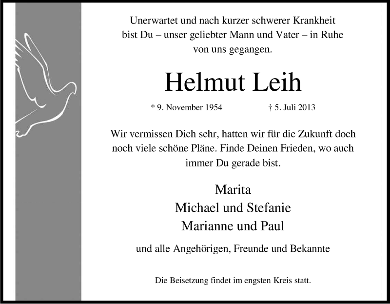  Traueranzeige für Helmut Leih vom 10.07.2013 aus Kölner Stadt-Anzeiger / Kölnische Rundschau / Express