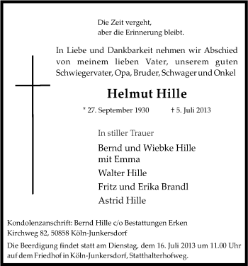 Anzeige von Helmut Hille von Kölner Stadt-Anzeiger / Kölnische Rundschau / Express