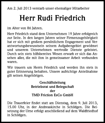Anzeige von Rudi Friedrich von Kölner Stadt-Anzeiger / Kölnische Rundschau / Express