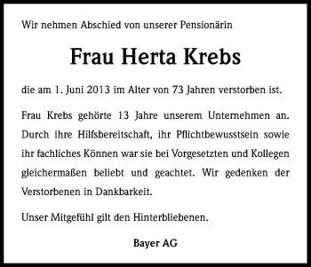Anzeige von Herta Krebs von Kölner Stadt-Anzeiger / Kölnische Rundschau / Express