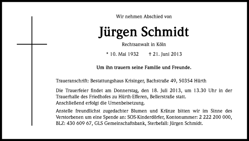 Traueranzeige für Jürgen Schmidt vom 13.07.2013 aus Kölner Stadt-Anzeiger / Kölnische Rundschau / Express
