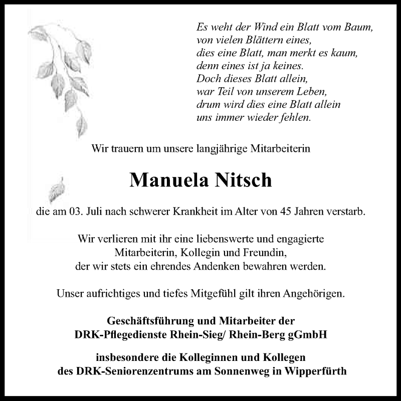  Traueranzeige für Manuela Nitsch vom 10.07.2013 aus Kölner Stadt-Anzeiger / Kölnische Rundschau / Express