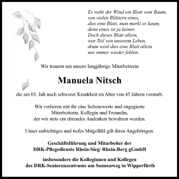 Anzeige von Manuela Nitsch von Kölner Stadt-Anzeiger / Kölnische Rundschau / Express