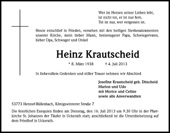 Anzeige von Heinz Krautscheid von Kölner Stadt-Anzeiger / Kölnische Rundschau / Express