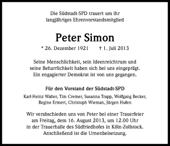 Anzeige von Peter Simon von Kölner Stadt-Anzeiger / Kölnische Rundschau / Express