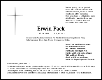 Anzeige von Erwin Pack von Kölner Stadt-Anzeiger / Kölnische Rundschau / Express