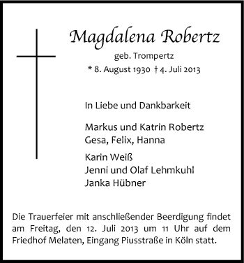 Anzeige von Magdalena Robertz von Kölner Stadt-Anzeiger / Kölnische Rundschau / Express