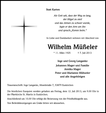 Anzeige von Wilhelm Müßeler von Kölner Stadt-Anzeiger / Kölnische Rundschau / Express