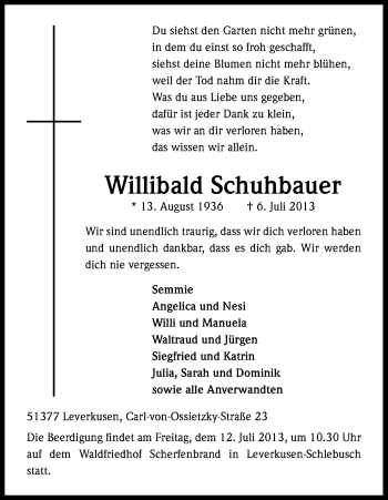 Anzeige von Willibald Schuhbauer von Kölner Stadt-Anzeiger / Kölnische Rundschau / Express