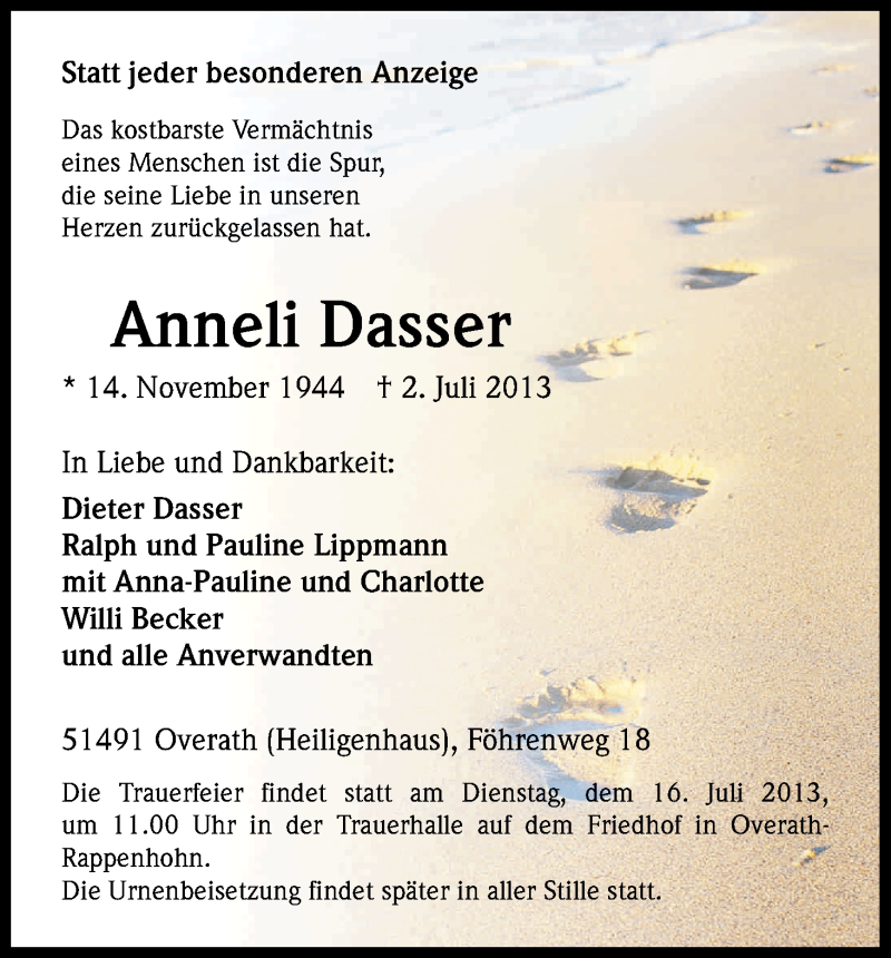  Traueranzeige für Anneli Dasser vom 10.07.2013 aus Kölner Stadt-Anzeiger / Kölnische Rundschau / Express