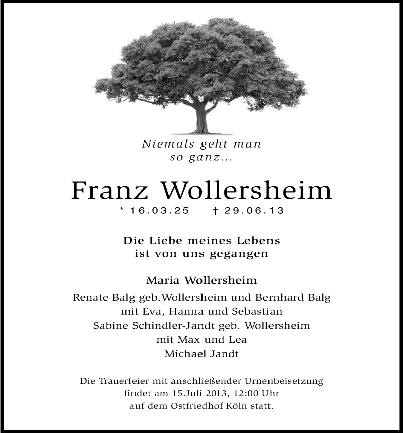  Traueranzeige für Franz Wollersheim vom 10.07.2013 aus Kölner Stadt-Anzeiger / Kölnische Rundschau / Express
