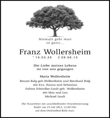 Anzeige von Franz Wollersheim von Kölner Stadt-Anzeiger / Kölnische Rundschau / Express