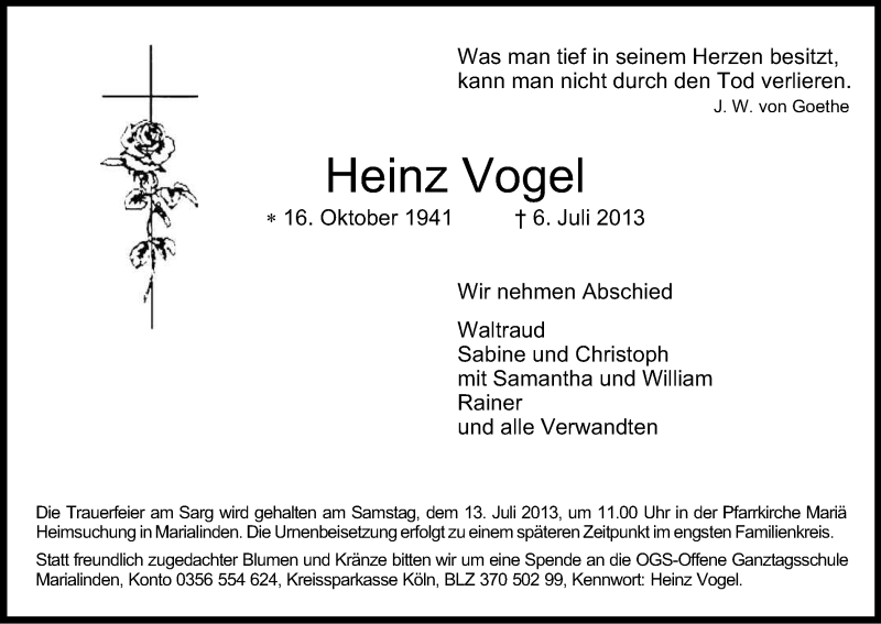  Traueranzeige für Heinz Vogel vom 10.07.2013 aus Kölner Stadt-Anzeiger / Kölnische Rundschau / Express