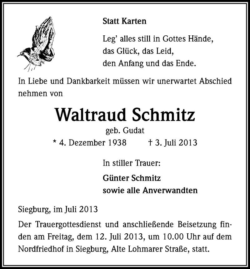  Traueranzeige für Waltraud Schmitz vom 10.07.2013 aus Kölner Stadt-Anzeiger / Kölnische Rundschau / Express