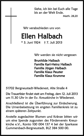 Anzeige von Ellen Halbach von Kölner Stadt-Anzeiger / Kölnische Rundschau / Express