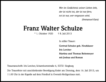 Anzeige von Franz Walter Schulze von Kölner Stadt-Anzeiger / Kölnische Rundschau / Express